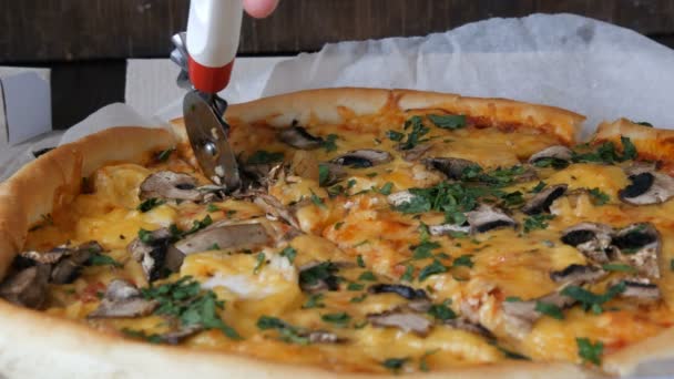 Pizza knife cuts round pizza with with the greens, chicken, mushrooms and double cheese, close up view — Stock Video