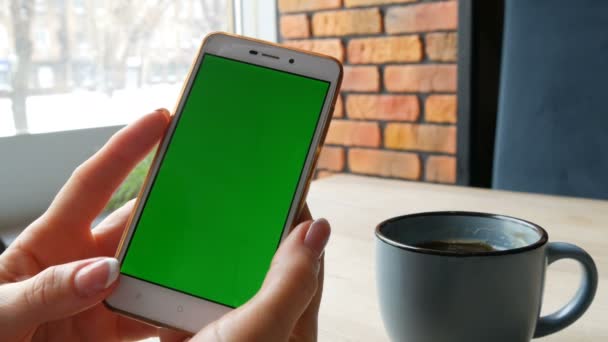 Smartphone con schermo verde. Chroma Key su uno smartphone bianco, le mani femminili tengono il telefono cellulare in un caffè accanto a una tazza di caffè — Video Stock