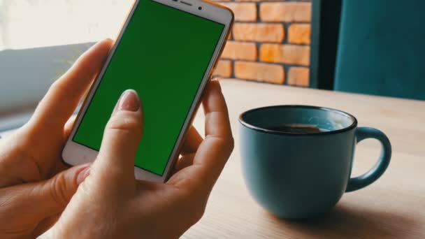 Smartphone de pantalla verde. Chroma Key en un teléfono inteligente blanco, las manos femeninas sostienen el teléfono móvil en un café al lado de una taza de café — Vídeo de stock