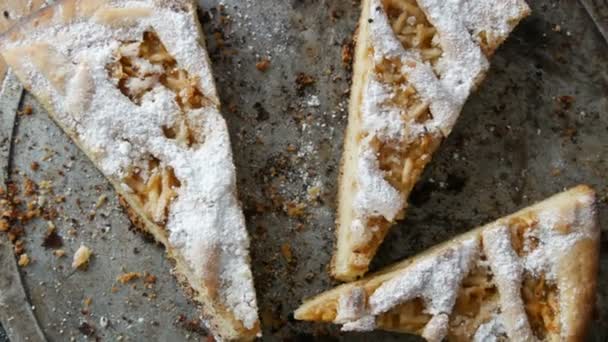 Stücke halb verzehrten Kuchens auf einem Tisch. hausgemachtes Backen. Apfelkuchen aus Mürbeteig in der heimischen Küche — Stockvideo