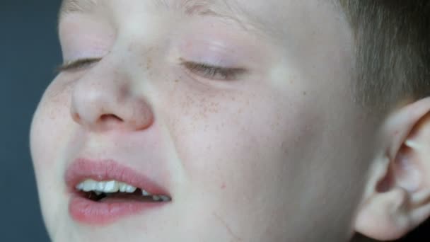 Menino louro alegre com olhos azuis e sardas contagiosamente ri sinceramente — Vídeo de Stock