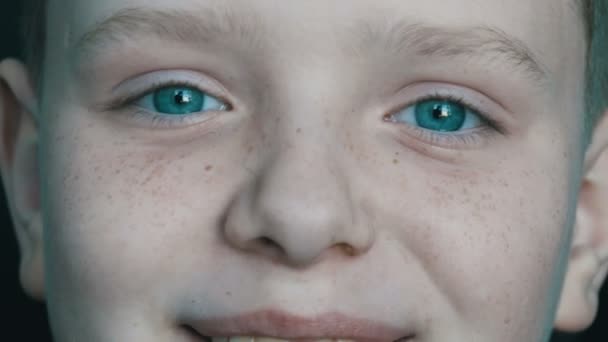 誠実な良い陽気な赤ちゃんの青い目金髪の少年そばかすのあるカメラに微笑みかける人の顔 — ストック動画