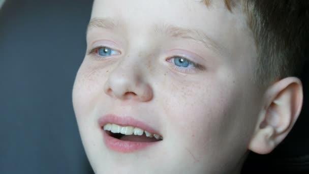 Vidám szőke fiú kék szemek és szeplő contagiously őszintén nevet a könnyek — Stock videók