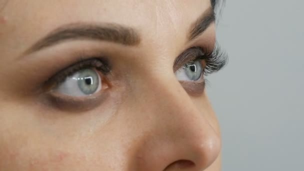Professionelles Augen-Make-up. Stylistin Visagistin schminkt junge Frau in Schönheitssalon mit Spezialpinsel — Stockvideo
