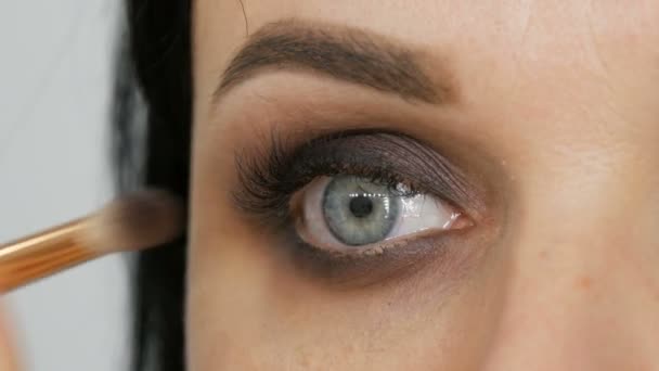 Maquillaje de ojos profesional. Estilista artista de maquillaje aplica maquillaje a la mujer joven con un cepillo especial en un salón de belleza — Vídeos de Stock