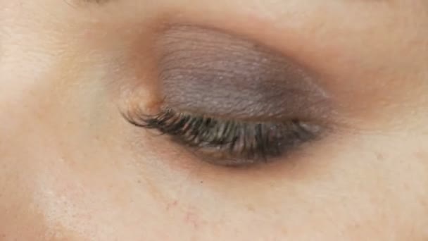 Oční make-up se speciálním štětcem a šedým stínem očí. Detailní záběr modré barvy s dlouhými řasami — Stock video