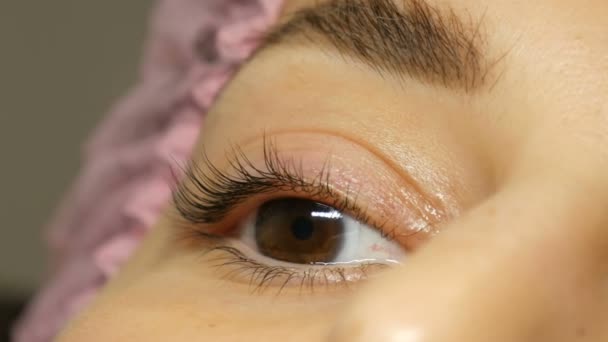 Ansiktet på ung kvinna med breda håriga ögonbryn och bruna ögon i rosa hatt efter proceduren för laminering av ögonfransar i en skönhetssalong. Modern ögonfrans läkning — Stockvideo
