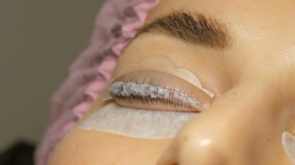 Special wellness botox mixture and molecular restoration on eyelashes close up view. Professional procedure for lamination and Botox eyelashes — Stockvideo
