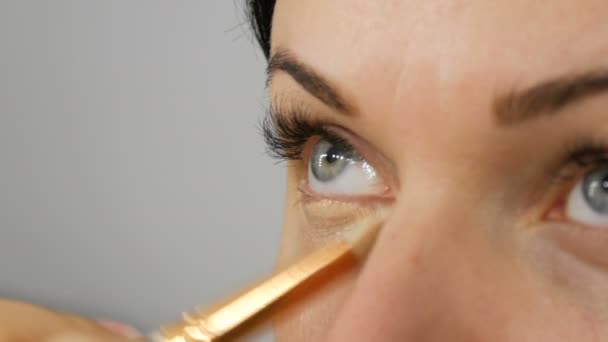 Augen Make-up mit speziellem Pinsel. Nahaufnahme Auge von blauer Farbe mit langen Wimpern — Stockvideo