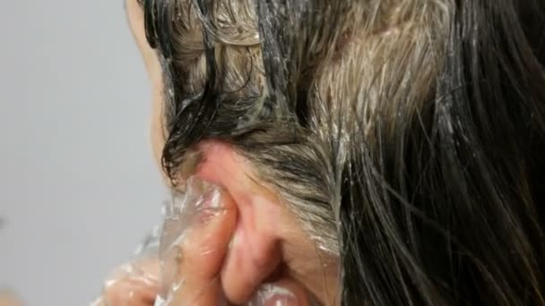 Cabello gris en las raíces de las mujeres, que a su vez tiñe el cabello con pintura especial y pincel en casa — Vídeos de Stock