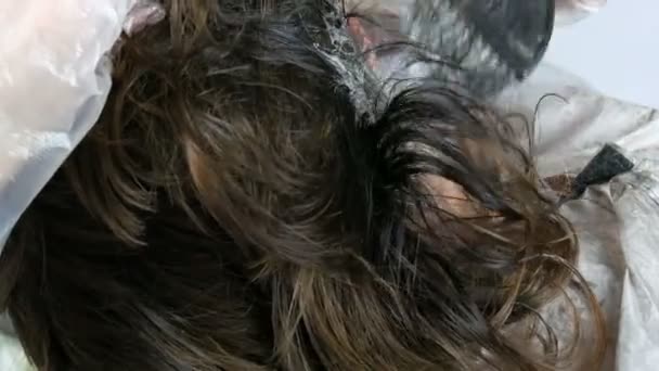 Cabello gris en las raíces de las mujeres, que a su vez tiñe el cabello con pintura especial y pincel en casa — Vídeo de stock