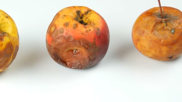 Mehrfarbige faule verdorbene reife Äpfel auf weißem Hintergrund. — Stockvideo