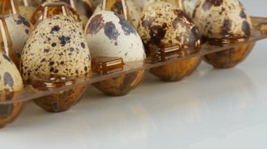 Beyaz arka planda bıldırcın yumurtalarının yanındaki plastik kahverengi tepside taze bıldırcın eti.