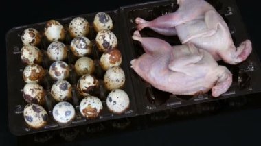 Siyah arka plandaki bıldırcın yumurtalarının yanında plastik kahverengi tepside taze bıldırcın eti.