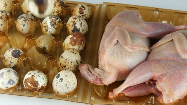 Carne fresca de codorniz en una bandeja de plástico marrón junto a los huevos de codorniz sobre fondo blanco — Vídeos de Stock