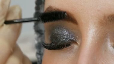 Profesyonel makyaj yüksek moda. Kız modeli özel bir Kaş fırçası ile kaş çizer. Şık dumanlı gözler.