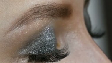 Profesyonel makyaj yüksek moda. Kız modeli özel bir Kaş fırçası ile kaş çizer. Şık dumanlı gözler.