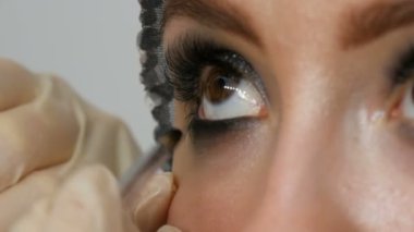Kahverengi gözleri göz kalemi closeup uygulama modeli. Profesyonel siyah eyeliner uygulama sanatçı olun. Uzun yanlış eyelashes