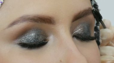 Profesyonel makyaj yüksek moda. Kız modeli özel bir Kaş fırçası ile kaş çizer. Şık dumanlı gözler.