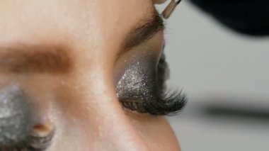 Profesyonel makyaj yüksek moda. Kız modeli özel bir Kaş fırçası ile kaş çizer. Şık dumanlı gözler.