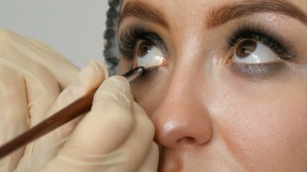 Model z brązowymi oczami zastosowanie eyeliner zbliżenie. Profesjonalny makijaż artysta stosując czarny eyeliner. Długie rzęsy — Wideo stockowe