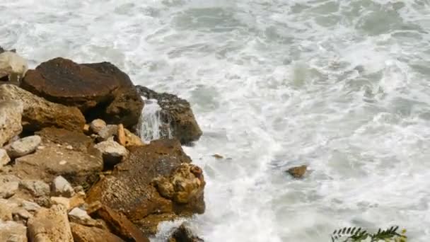 Stormvågor slår mot stenig strand — Stockvideo