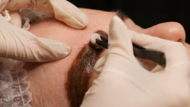 Microblading haar wenkbrauw. Wenkbrauwtatoeage en permanente make-up. Master in de handschoenen brengt gelijkmatig pigment aan op de wenkbrauwhuid — Stockvideo