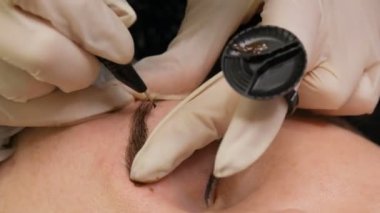 Mikropatenli kaş dövmesi, kalıcı makyaj. Eldivenlerde uzman, özel bir iğne kullanarak, cilde pigmenti enjekte eder ve kaş boyalarını saç tekniği ile lekeler, onları doğal, yakın çekim görüntü yapar.