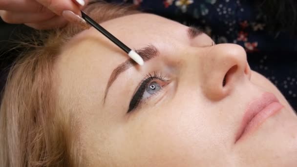 Närbild av en vacker ung kvinna. Ögonbryn efter korrigering av ögonbrynsform. Mikroblödning, permanent make-up, permanent ögonbrynssmink. — Stockvideo
