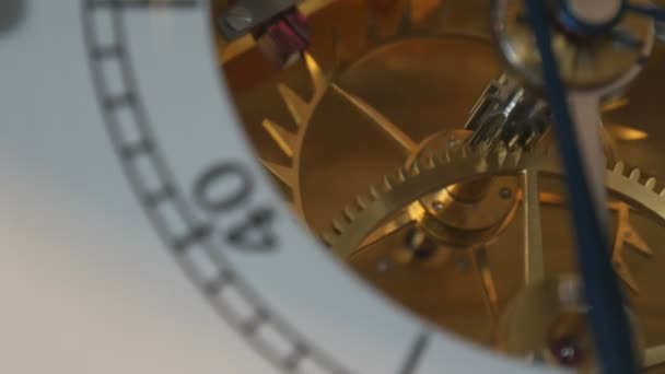 Kijk naar mechanisme macro. Vintage gouden klok mechanisme werkt — Stockvideo