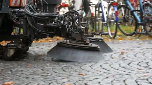 Rengöring Maskinborste ta bort gula fallna löv från höstgatan. Städlöv på hösten. Asfalt maskin rengöring i Tyskland, München — Stockvideo