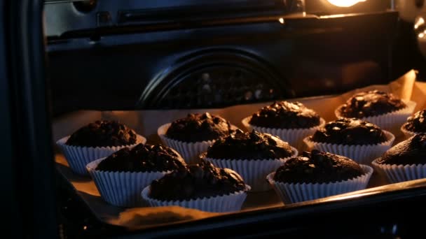 Deliciosos queques de chocolate são cozidos no forno. Muffins de chocolate em moldes de papel polvilhados com pó de chocolate em forma de cubos — Vídeo de Stock