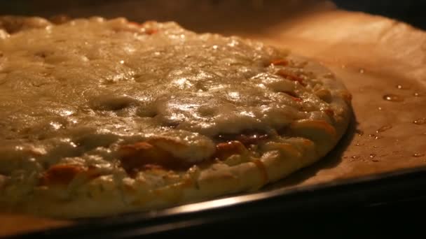 Pyszna pizza bogato posypana serem jest gotowana w piekarniku. Ser na pizzy topi się z pieca widok z bliska — Wideo stockowe