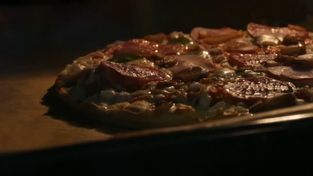 Läcker pizza med svamp, salami, bacon, örter och ost tillagas i ugn — Stockvideo