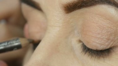 Makyöz, mavi gözlü orta yaşlı kadına göz makyajı yapıyor. Yaş makyajı. Yakın plan portre. Tozu fırçayla uygula