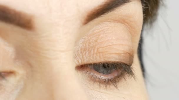 Maquillaje artista hacer maquillaje de ojos a la mujer de mediana edad con ojos azules. Maquillaje de edad. Retrato de cerca. Aplicar polvo con pincel — Vídeos de Stock