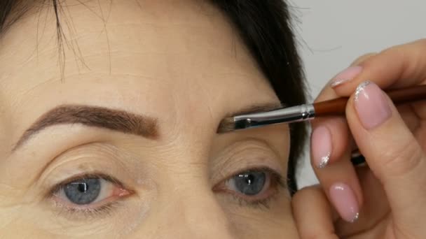 A special brush paints eyebrows with eyebrow shadows. Close view. Professional make-up artist doing makeup to middle-aged adult woman with beautiful blue eyes. — Stock Video