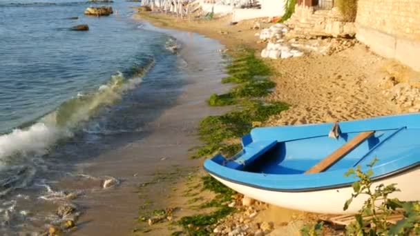 Barca da pesca vuota blu-e-bianco sulla riva del mare su cui sono le alghe verdi buttate fuori dopo una tempesta. Onde con schiuma battono contro la riva — Video Stock