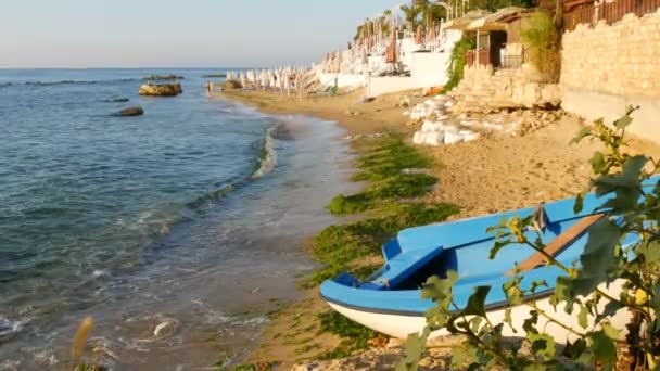 Bateau vide bleu et blanc sur le bord de la mer sur lequel se trouvent des algues vertes jetées après une tempête. Vagues avec battement de mousse contre le rivage sur fond de station — Video