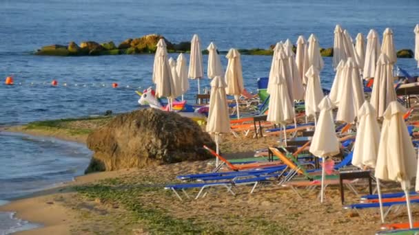 Luxury vacation at Black Sea, Bulgaria. Empty multi-colored sun loungers or sunbeds and folded beach umbrellas on resort beach — Stock Video