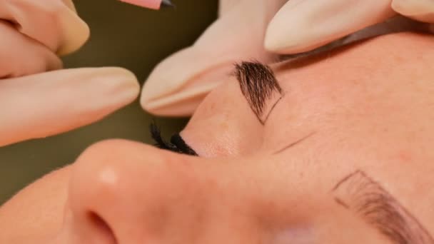 O esteticista corrige as sobrancelhas ao paciente. Marcando o contorno das sobrancelhas com lápis especial — Vídeo de Stock