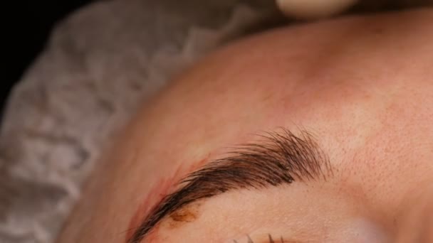 Microblading eyebrow tattoo, permanent makeup. Master in gloves, using special needle, injects pigment into the skin and stains the eyebrows using hair technique, making them natural, close-up view — Stock Video