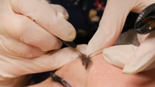 Microblading eyebrow tattoo, permanent makeup. Master in gloves, using special needle, injects pigment into the skin and stains the eyebrows using hair technique, making them natural, close-up view — Stock Video