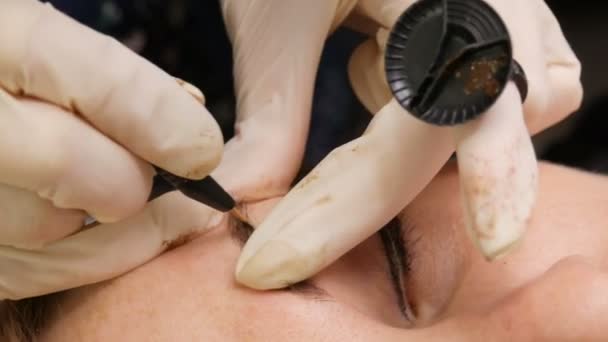 Tatuagem de sobrancelha Microblading, maquiagem permanente. Mestre em luvas, usando agulha especial, injeta pigmento na pele e mancha as sobrancelhas usando a técnica do cabelo, tornando-as naturais, vista de perto — Vídeo de Stock