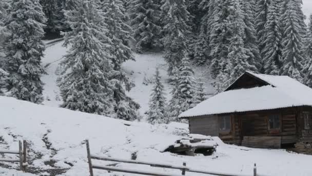 Fantástico paisaje invernal con casa de madera en las montañas nevadas. Concepto navideño. Cárpatos de montaña, Ucrania, Europa — Vídeo de stock