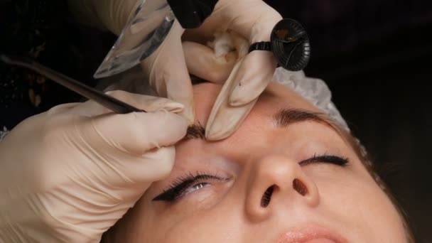 Tatuaje de cejas Microblading, maquillaje permanente. Master en guantes, con aguja especial, inyecta pigmento en la piel y tiñe las cejas usando la técnica de pelo, haciéndolas naturales, vista de cerca — Vídeo de stock