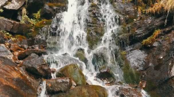 Grote oude massieve zwarte stenen bedekt met groen mos waarop water stroomt uit de transparante bergstroom — Stockvideo