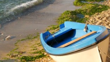 Fırtınadan sonra denize atılan yeşil yosunların olduğu deniz kıyısındaki boş mavi-beyaz tekne. Köpüklü dalgalar kıyıya vuruyor