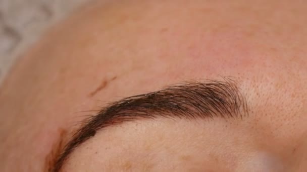 A beautician in gloves, using a special needle, applies a coloring pigment under skin of the eyebrows. Eyebrow shape correction using hair microbleeding, permanent make-up, eyebrow tattoo close up — Stock Video