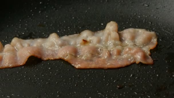 Une fine tranche de bacon est frite dans l'huile de tournesol dans la poêle chaude avec revêtement antiadhésif vue de près — Video